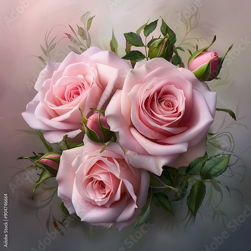 A digital painting of a semi close-up of delicate pink roses, soft petals and greenery, taken with lens, more clarity with clear light and sharp focus, high detailed photo