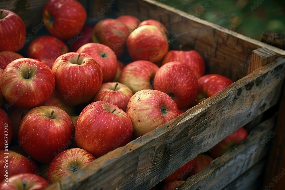 Harvest of ripe juicy red apples collected in a box, agribusiness business concept, organic healthy food and non-GMO fruits with copy space Harvest of ripe juicy red apples collected in a box, agribusiness business concept, organic healthy food and non-GMO fruits with copy space