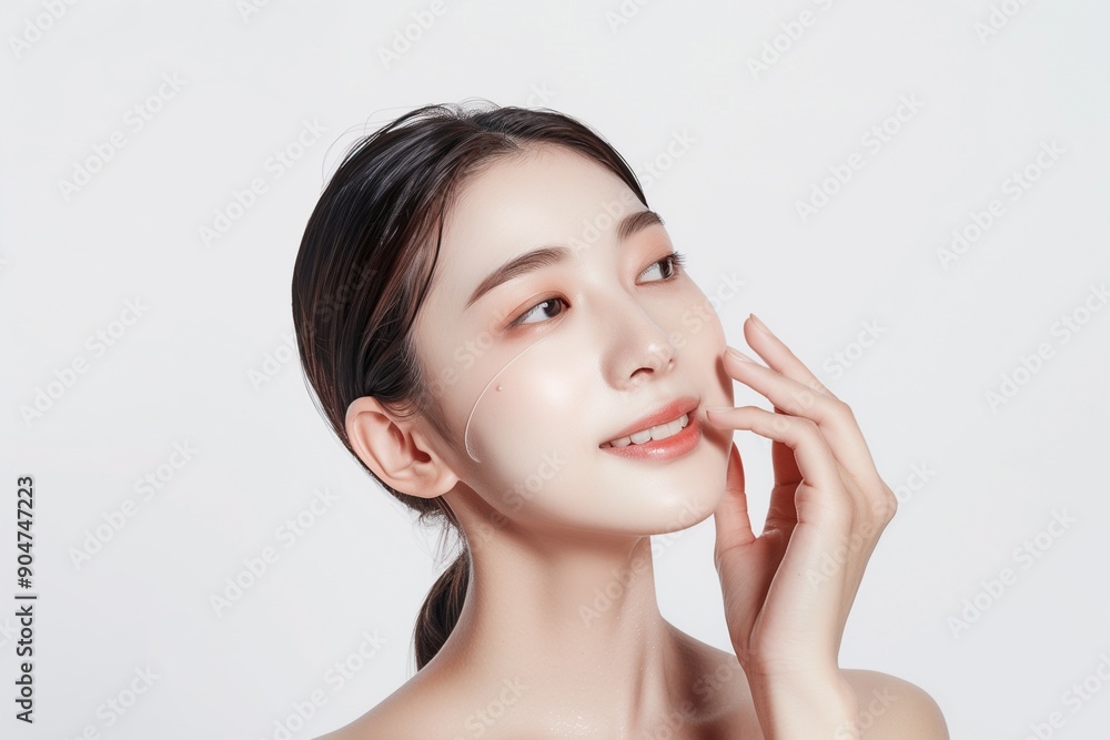 Realistic portrait of Korean woman, smiling gently, pink makeup. Realistic portrait of Korean woman, smiling gently, pink makeup.