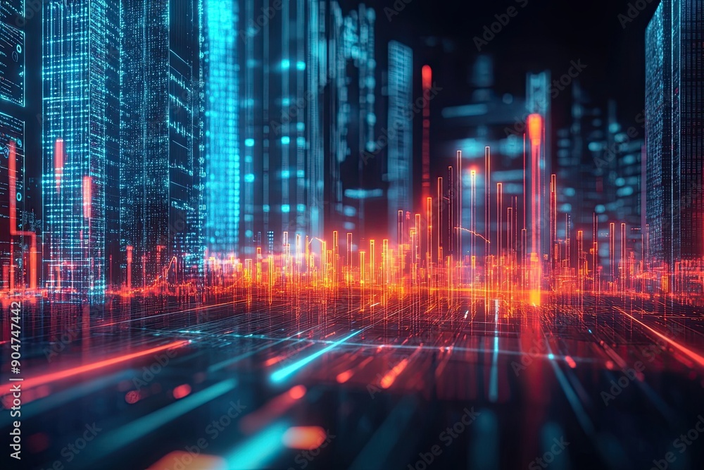 Futuristic Cityscape with Neon Lights and Digital Grids Futuristic Cityscape with Neon Lights and Digital Grids