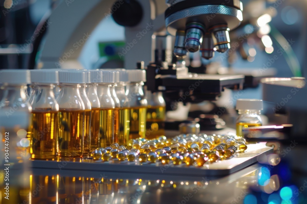Detailed view of laboratory equipment with vials and capsules for pharmaceutical research and analysis. Detailed view of laboratory equipment with vials and capsules for pharmaceutical research and analysis.