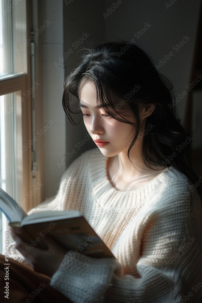 Young woman reading book by window. Young woman reading book by window.