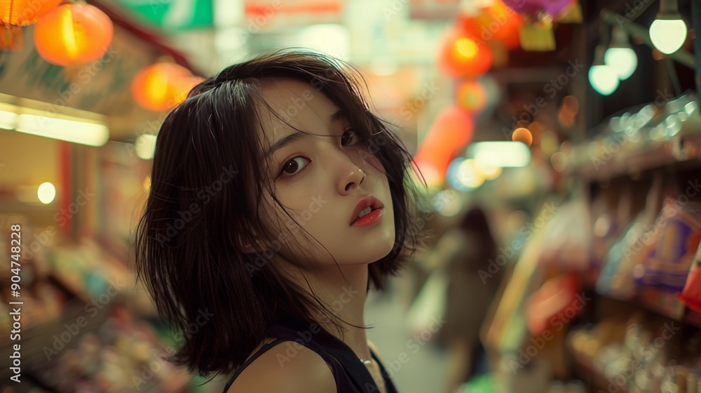 Young woman with short hair looking over shoulder in a bustling market. Young woman with short hair looking over shoulder in a bustling market.