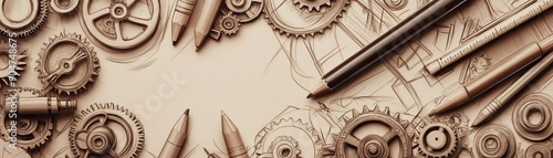 Vintage Steampunk Back to School Supplies Arrangement with Gears and Cogs in Sepia Tone Detailed Sketch photo