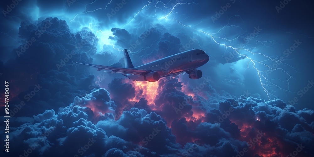 Airplane flight in the stormy sky with clouds and lightning around it. Danger situation in the sky. Airplane flight in the stormy sky with clouds and lightning around it. Danger situation in the sky.