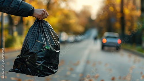 Person carrying full trash bag on street