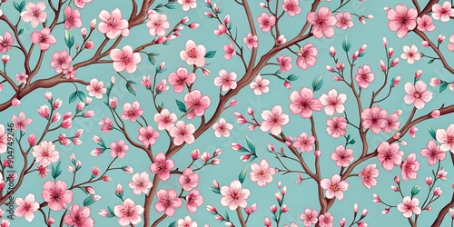 Pink Cherry Blossoms Seamless Pattern on Blue Background - Digital Painting Illustration