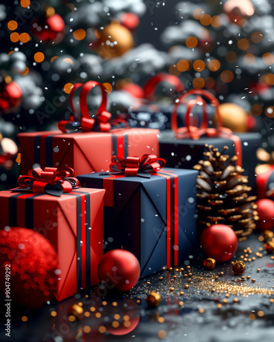 A Christmas tree with a bunch of red and gold ornaments and presents. The presents are stacked on top of each other, with some of them being blue