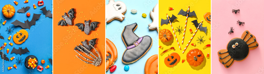 Collage with different Halloween cookies, top view Collage with different Halloween cookies, top view