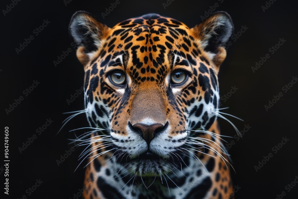 Obraz premium Detailed close-up of a leopards face against a black backdrop, showcasing its distinctive markings and intense gaze.
