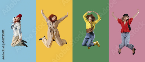 Set of jumping women in fas...