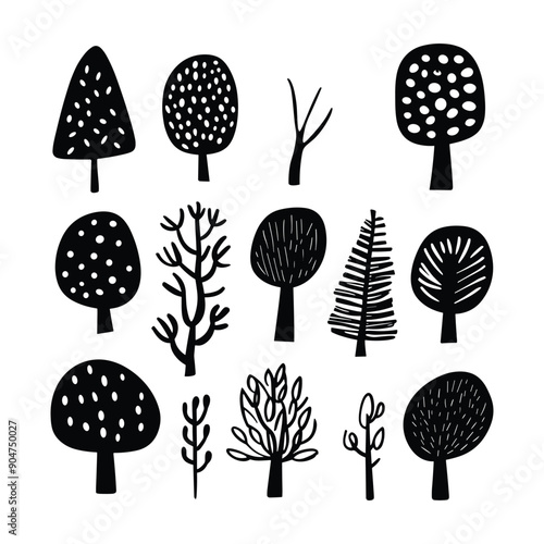 Set of 12 hand drawn black and white tree illustrations.