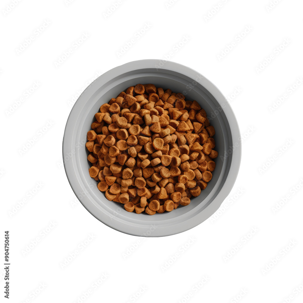 Dry pet food displayed in a bowl on a transparent background from above Dry pet food displayed in a bowl on a transparent background from above