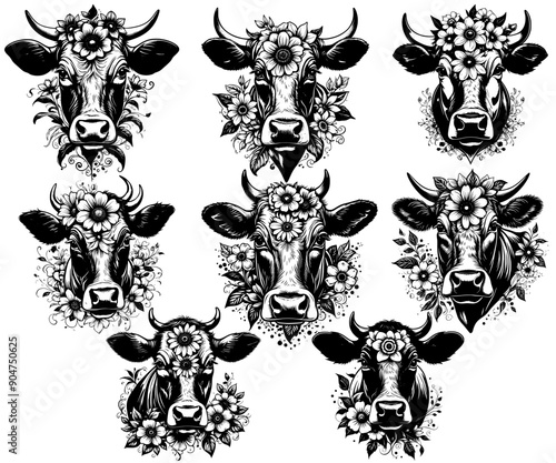 Set of Cow Head with Flowers Silhouette Collections