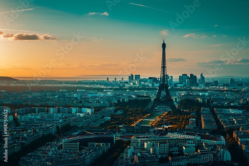 Olympic games symbol on Trocadero place in front of the Eiffel Tower photo