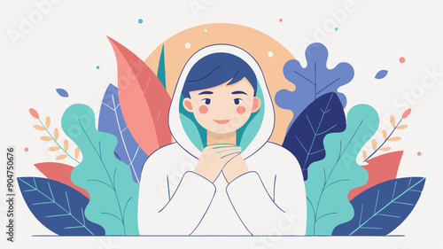 A digital drawing of a person in a hoodie, hands on their face, smiling serenely, surrounded by abstract plant motifs. 