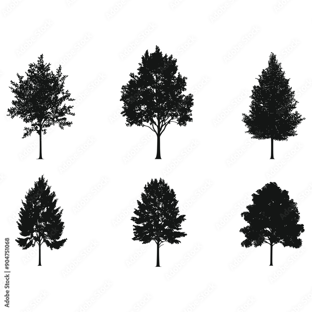 Fototapeta premium Silhouettes of 6 different trees isolated on white background.