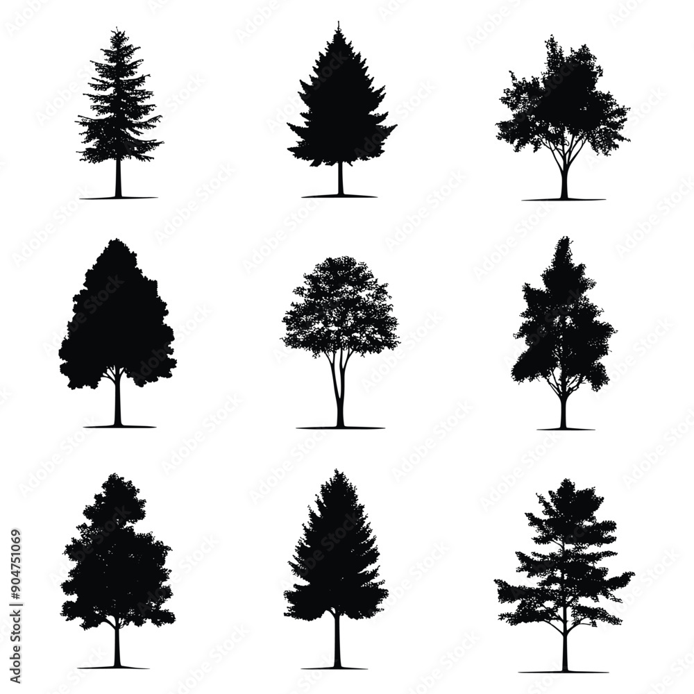 Fototapeta premium Set of 9 black silhouettes of trees isolated on white background.