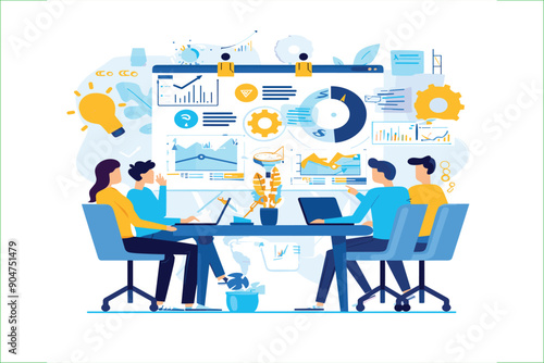 set business flat vector illustration design style concept. for graphic and web page banners. cartoon character design. team online video conference meeting. business planning. data analytics