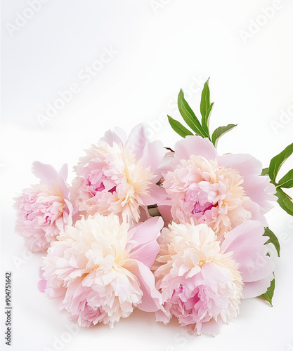 beautiful bunch of fresh fluffy pink peonies in full bloom against white background. Summery bouquet of blooming flowers