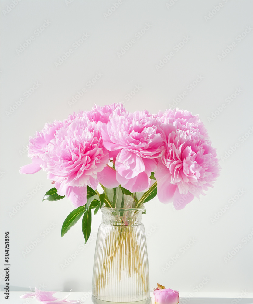 beautiful bunch of fresh fluffy pink peonies in full bloom against white background. Summery bouquet of blooming flowers beautiful bunch of fresh fluffy pink peonies in full bloom against white background. Summery bouquet of blooming flowers