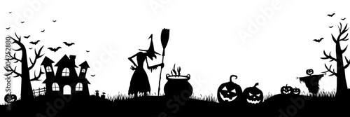 Halloween is in silhouette. In a clearing, a witch is brewing a potion, nearby there are pumpkins, a scary scarecrow, bats flying, dried out trees and an old abandoned castle. Vector image for Hallowe