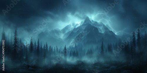 Mountain forest under the dark cloudy sky. Lightning in the stormy sky above the woods at night. Summer night landscape at bad weather. photo