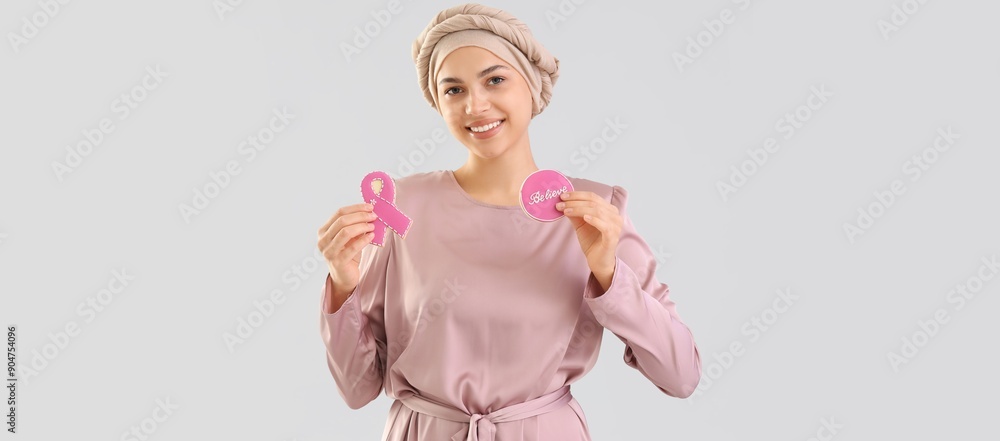 Young woman after chemotherapy holding cookies on light background. Breast cancer awareness concept Young woman after chemotherapy holding cookies on light background. Breast cancer awareness concept