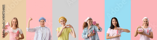 Set of women with pink ribb...