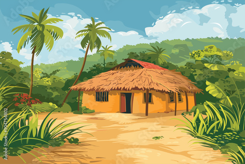 Illustration of Indian House vector art, village house, Indian Village background for cartoon. Illustration of Indian House art ,village house, Indian Village background for cartoon