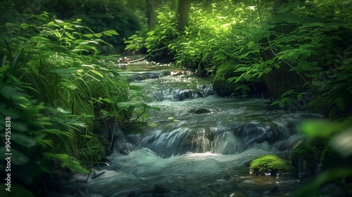 A tranquil forest stream flows over rocks, surrounded by lush greenery and bathed in soft, natural light.