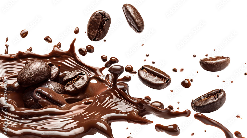 A concept for the coffee business. Coffee beans. Coffee splashes. Coffee plantations. A cup of coffee. Background with an image of a cup of coffee and coffee beans. A concept for the coffee business. Coffee beans. Coffee splashes. Coffee plantations. A cup of coffee. Background with an image of a cup of coffee and coffee beans.