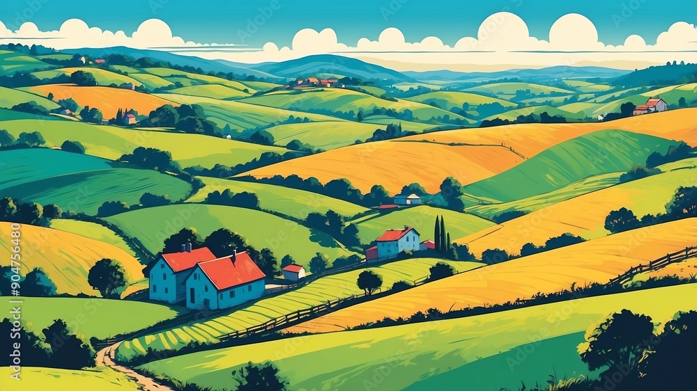 Fototapeta premium rural countryside with rolling hills modern pop art