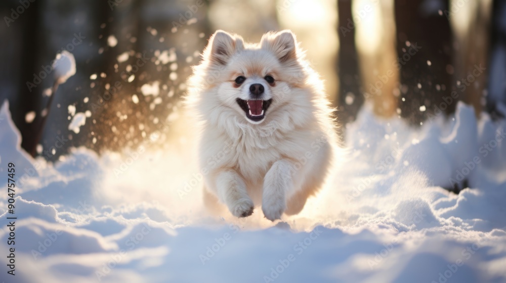 Pomeranian Dog Joyfully Running Through Snow in Winter Sunset Forest Pomeranian Dog Joyfully Running Through Snow in Winter Sunset Forest