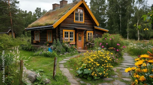 Imagine a quaint Scandinavian cottage with wooden siding, a sod roof, and colorful window frames.