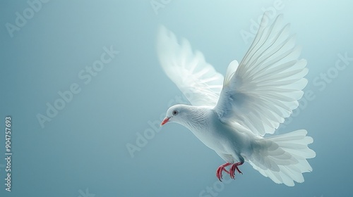 Elegant White Dove in Flight Against Soft Aqua Background photo