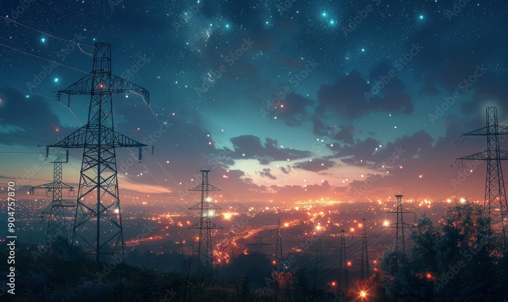 Power Transmission Lines with 3D Digital Visualization of Electricity. Scenic Footage with Night Sky Full of Bright Stars. Concept of Renewable Green Energy and Clean Ecological, Generative AI