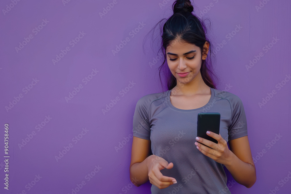 Tech and Fitness: Beautiful Indian Woman in Sports Shirt, Using Phone Tech and Fitness: Beautiful Indian Woman in Sports Shirt, Using Phone
