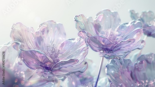 Purple glass flowers with transparent petals, summer floral nature ethereal art. Vibrant holographic background #904758678