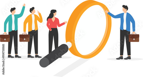 a man in a business suit stands in front of a large magnifier and selects candidates for work, search for qualified personnel

