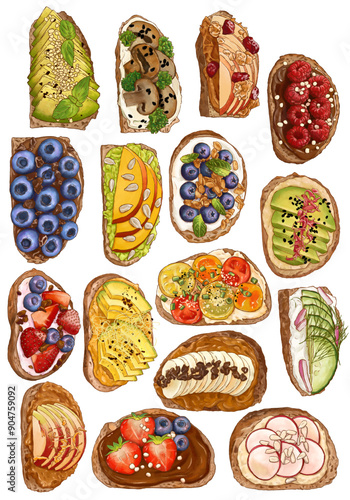 Set of 16 toasted breath with different toppings.