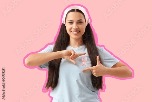 Young woman with ribbon on ...