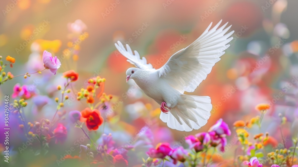 White bird soaring over field of flowers White bird soaring over field of flowers