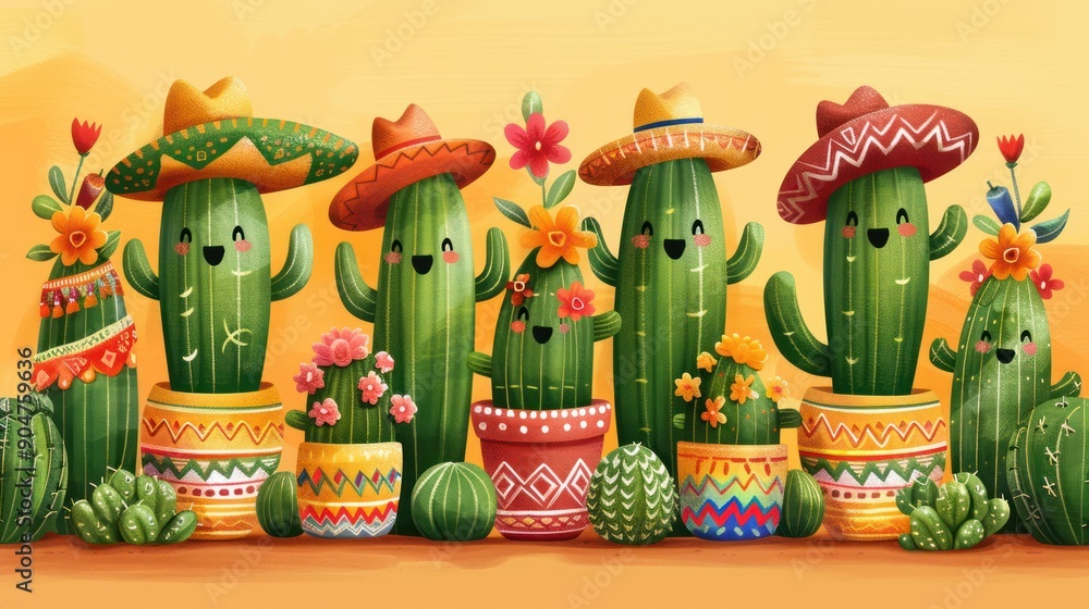 Fiesta Fun: Cartoon Cacti Celebrate Cinco de Mayo with Sombreros and Maracas in Festive Poster Fiesta Fun: Cartoon Cacti Celebrate Cinco de Mayo with Sombreros and Maracas in Festive Poster