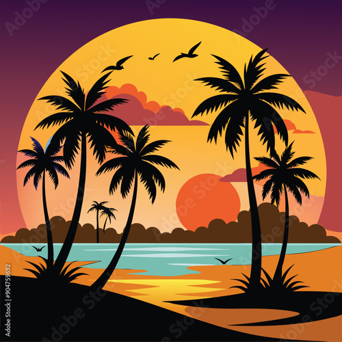 a  palm tree beach with sunset 