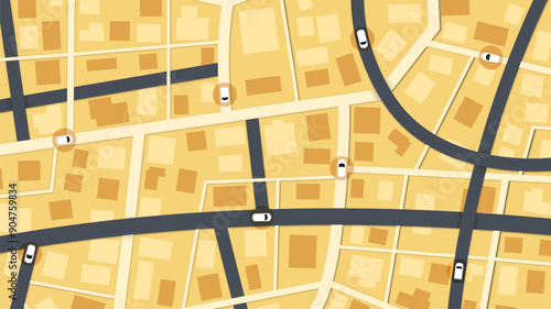 Traffic intersection from top view with cars. Concept vehicle with road and crossroad. Generic city map with signs of streets, roads. Abstract navigation plan of small urban area. Vector illustration