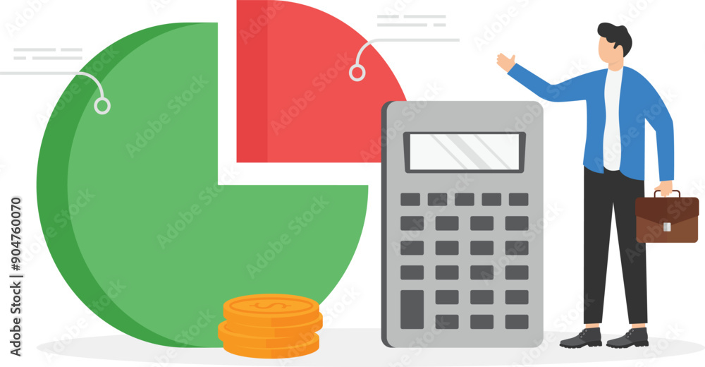 a man in a business suit takes a red chart part, calculator and money, share of income

