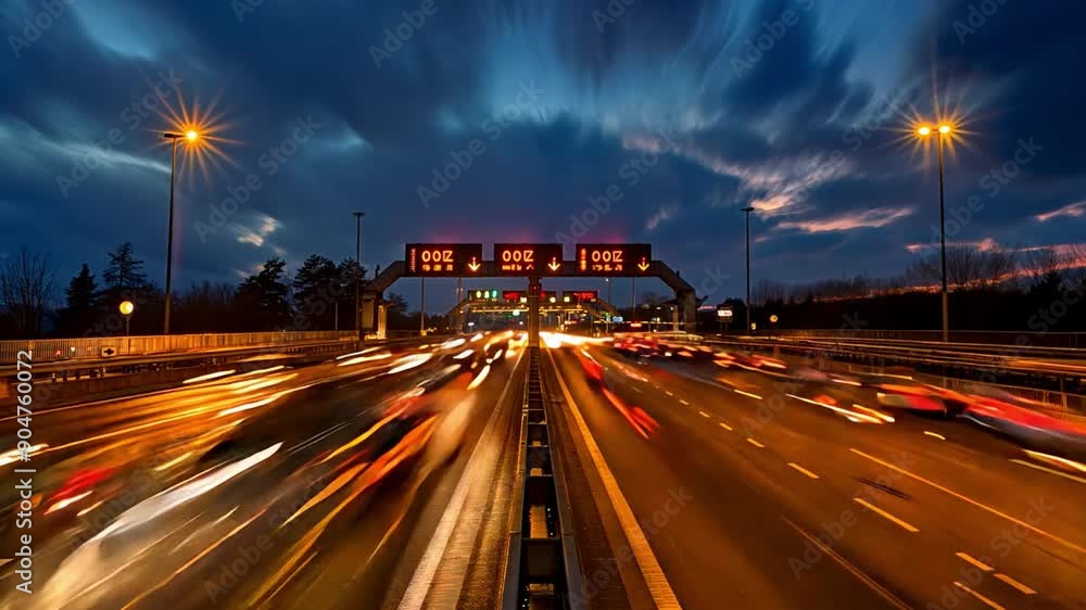Vehicles travelling through the highway toll gate Vehicles travelling through the highway toll gate