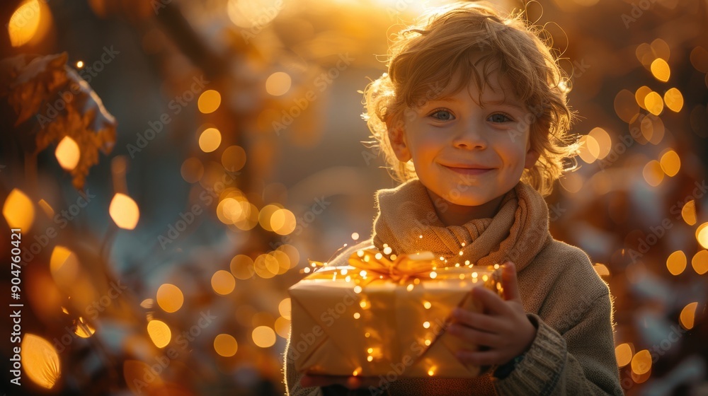Joyful Child Holding Wrapped Gift During Golden Hour in Autumn Joyful Child Holding Wrapped Gift During Golden Hour in Autumn
