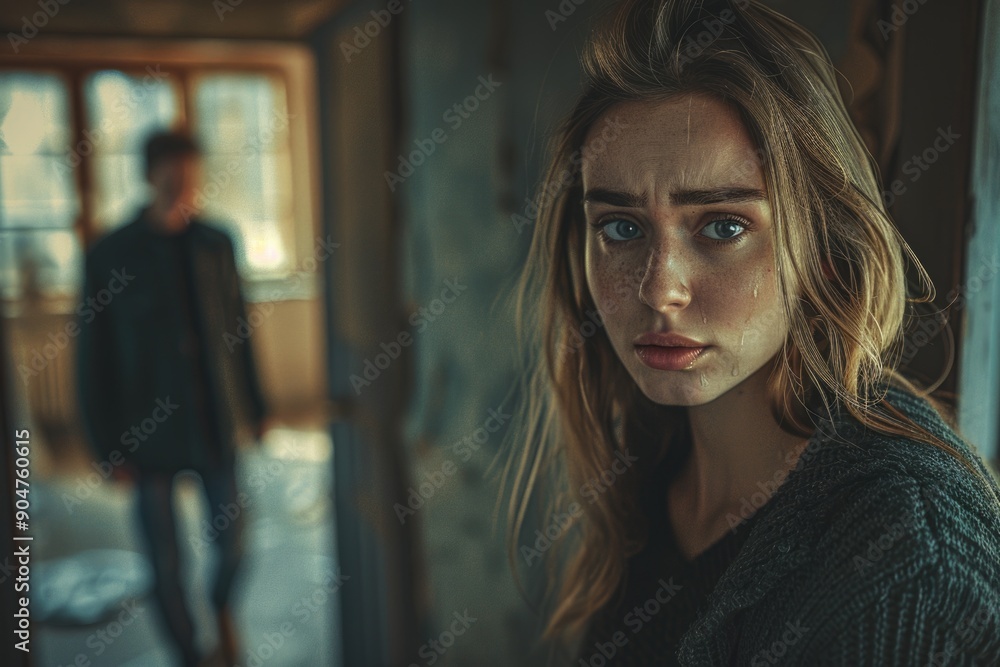 Worried Woman in Focus with Blurred Figure in Background Inside Home Setting Worried Woman in Focus with Blurred Figure in Background Inside Home Setting